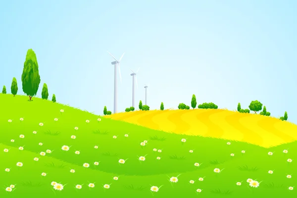 Καταπράσινο τοπίο με άνεμο σταθμός παραγωγής ηλεκτρικού ρεύματος δέντρα και λουλούδια — Διανυσματικό Αρχείο