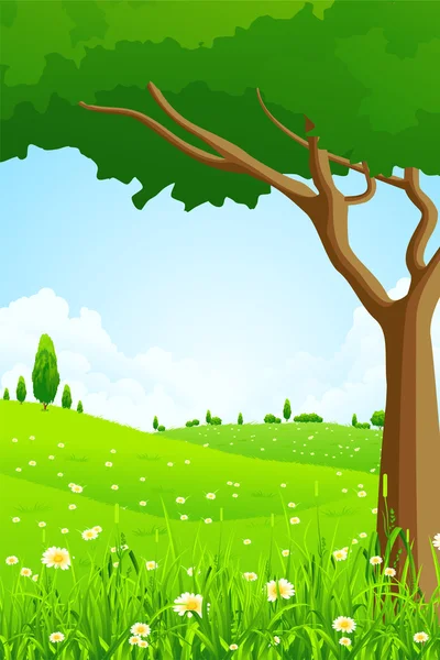 Paysage vert avec fleurs et arbres — Image vectorielle