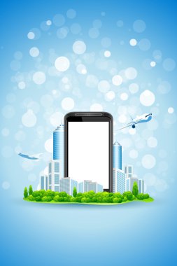 mavi arka plan ile şehir ve boş telefon ekranı