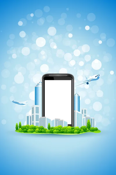 与城市和空手机屏幕的蓝色背景 — 图库矢量图片