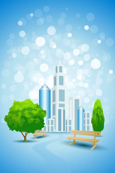 Blauer Hintergrund mit Stadtlandschaft Baum und Bank — Stockvektor