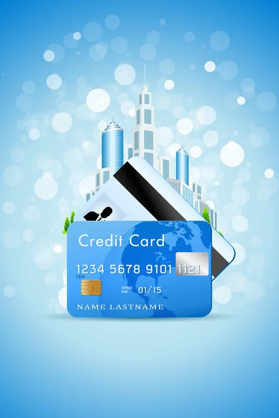 Blauer Hintergrund mit Stadt und Kreditkarten — Stockvektor
