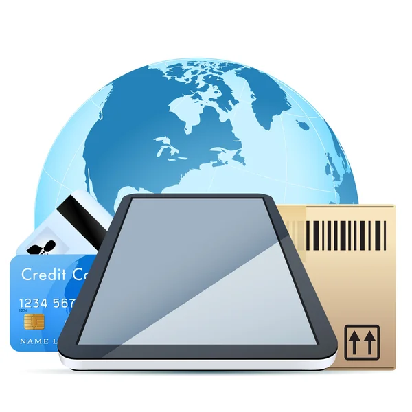 Ordenador personal Clear Touch Pad con caja de cartón y banco Ca — Archivo Imágenes Vectoriales