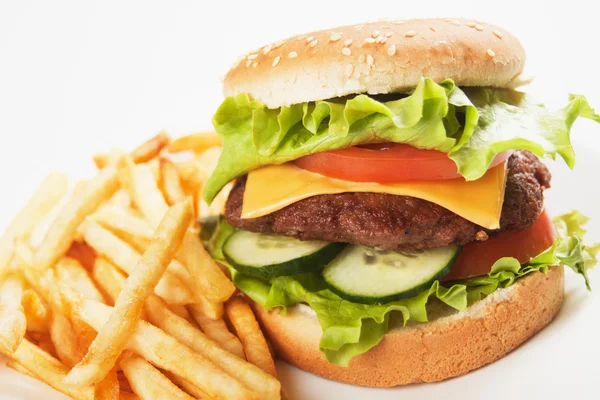 Klasszikus hamburger hasábburgonyával — Stock Fotó