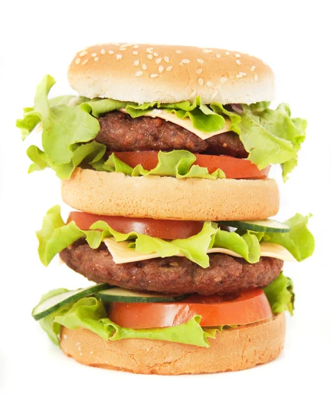 Duble burger üzerine beyaz izole — Stok fotoğraf