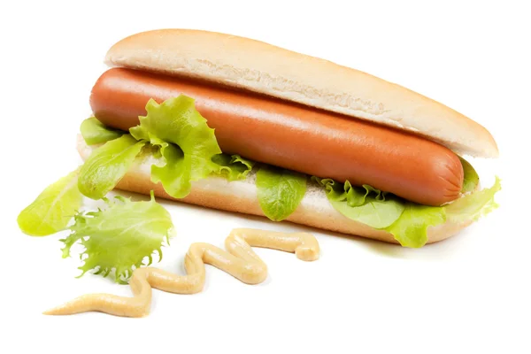 Hot dog with lettuce and mustard — Stock Photo, Image