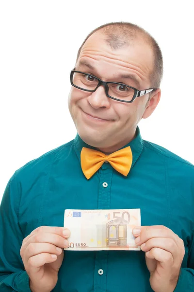 Hombre sonriente con dinero europeo — Stok fotoğraf