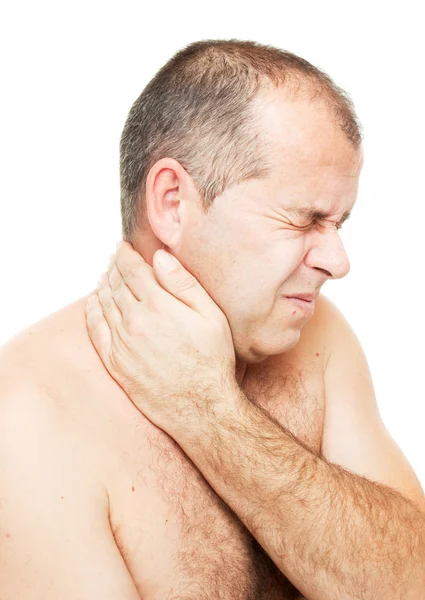 Nagi mężczyzna z bólem szyi — Zdjęcie stockowe