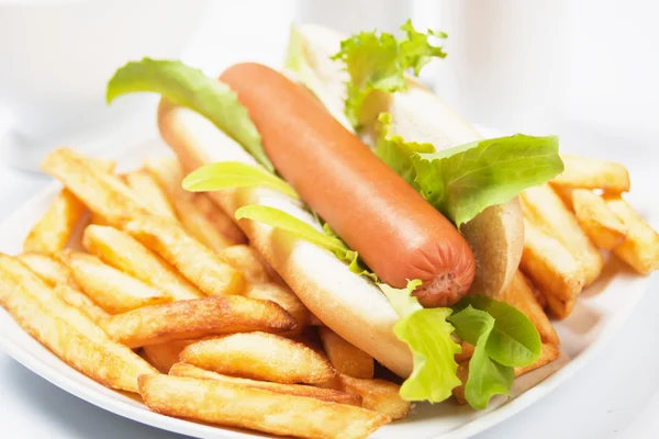 Hot dog à la laitue et frites — Photo