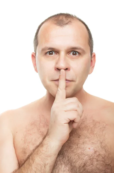 Hombre desnudo con el dedo en los labios — Stok fotoğraf