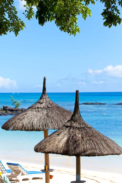 Solskydd paraplyer, stranden, havet. Mauritius — Stockfoto