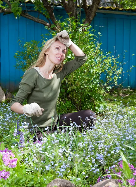 Giovane bella donna si prende cura di dietro le piante in giardino — Foto Stock