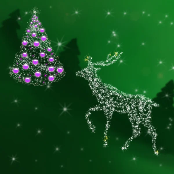 Yeni yıl toplar ve bir geyik ile Noel ağacı — Stok fotoğraf