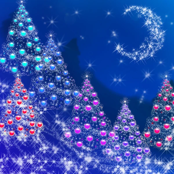 冬天的夜晚和新年的树木与球 — 图库照片
