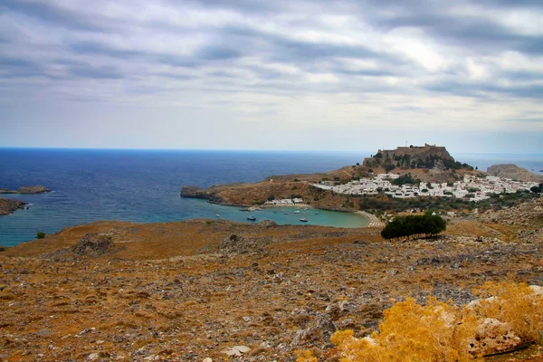 Greece, Rhodes. Aerial view on St. Paul's bay in Lindos. — Stock Photo, Image