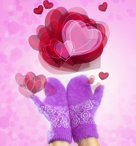 Mitones y corazones-tarjeta romántica para el día de San Valentín — Foto de Stock