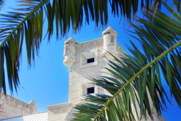 Grécia. Torre de pedra e folhas de palmeira . — Fotografia de Stock
