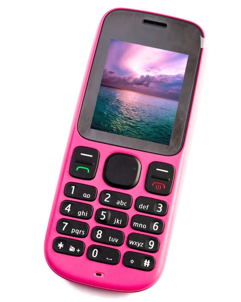 Bright pink phone with the sea photo on the screen — Stock Photo, Image