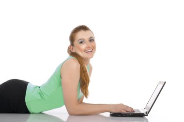 Happy young woman using computer clipart