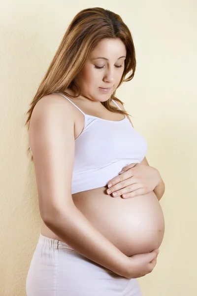 美丽的孕妇摸她的肚子的肖像 — 图库照片