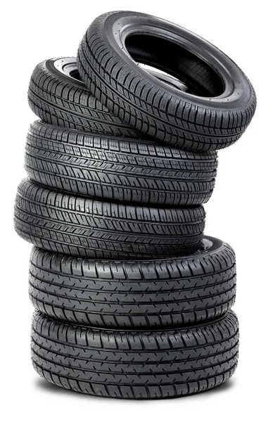 Seis pneus no fundo branco — Fotografia de Stock