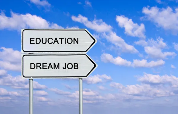 Vägmärke till utbildning och dröm jobb — Stockfoto