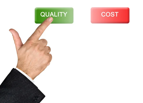 Man pressing quality and cost buttons — Stock Photo, Image