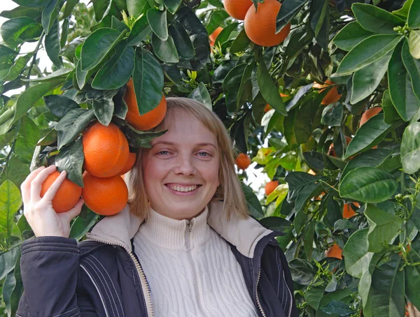 Ragazza ad albero con arance mature — Foto Stock