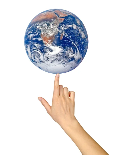 Планета Земля на пальце — стоковое фото