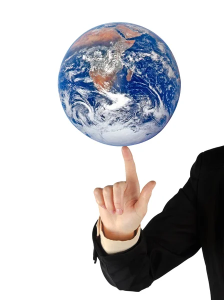 Planeet aarde op vinger — Stockfoto