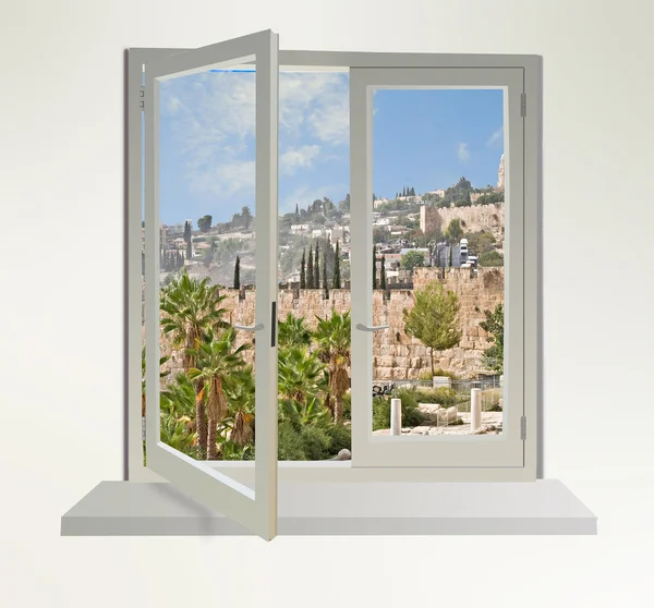 Jerusalem in window — Stock Photo, Image