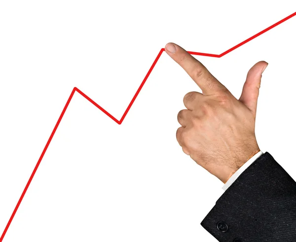 Finger pointing to a red chart — Stockfoto
