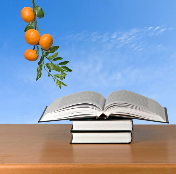 Boeken en tangerine — Stockfoto
