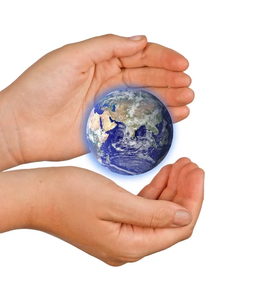 手与行星地球 — 图库照片