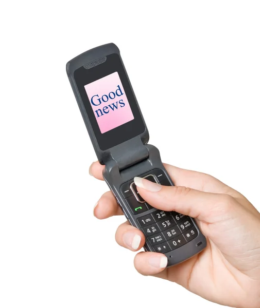 Mobiele telefoon met "goede nieuws" label op zijn scherm — Stockfoto