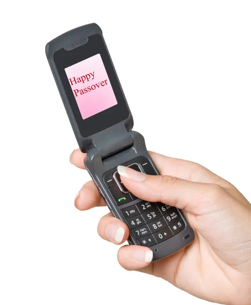 Мобильный телефон с счастливой Пасхой на экране — стоковое фото