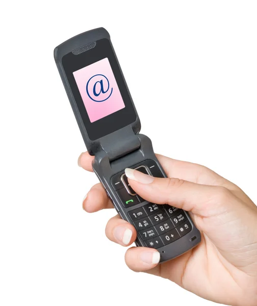 Мобільний телефон з "@" показано на екрані — стокове фото