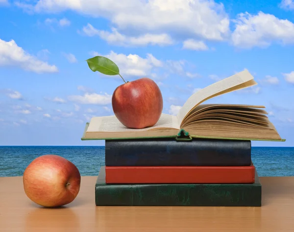 Rote Äpfel und aufgeschlagenes Buch — Stockfoto