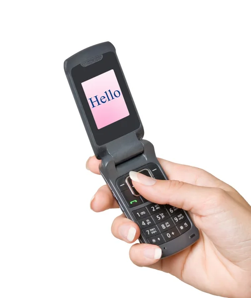 Mobile telephone with "hello" on display — Stock Photo, Image