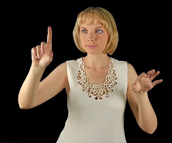 Woman pressing on virtual screen — Stock Photo, Image
