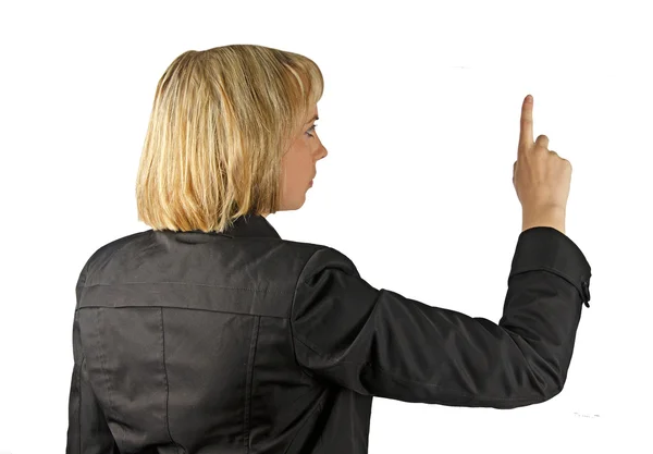 Vrouw op virtuele scherm te drukken — Stockfoto