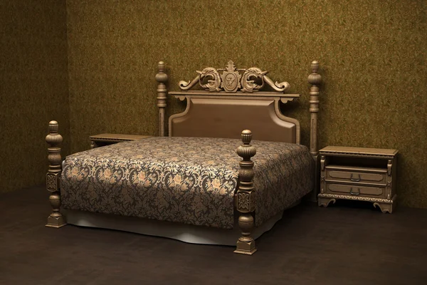 Dřevěná postel v pokoji — Stock fotografie