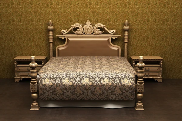 Дерев'яне ліжко в кімнаті — стокове фото