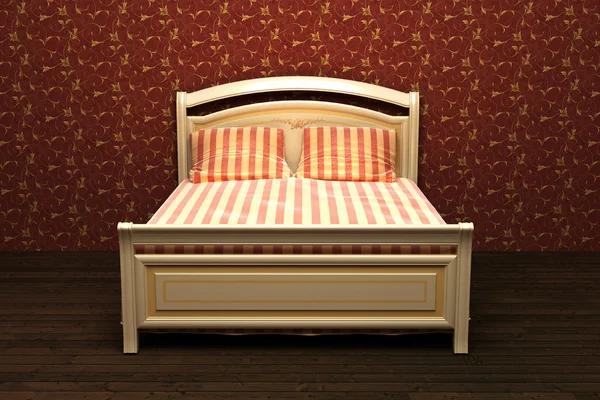 Деревянная кровать в номере — стоковое фото