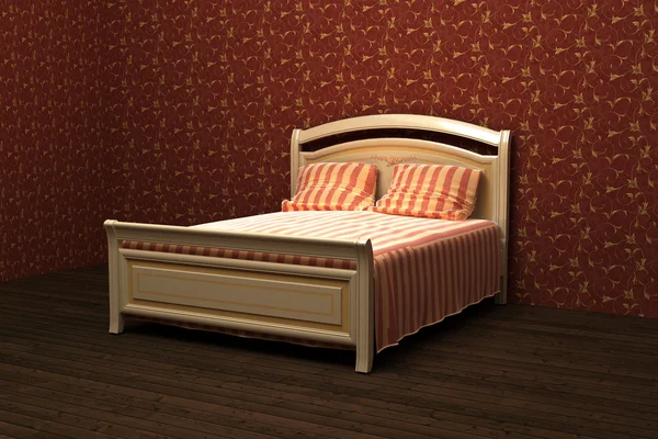 Fából készült ágy a szobában — Stock Fotó