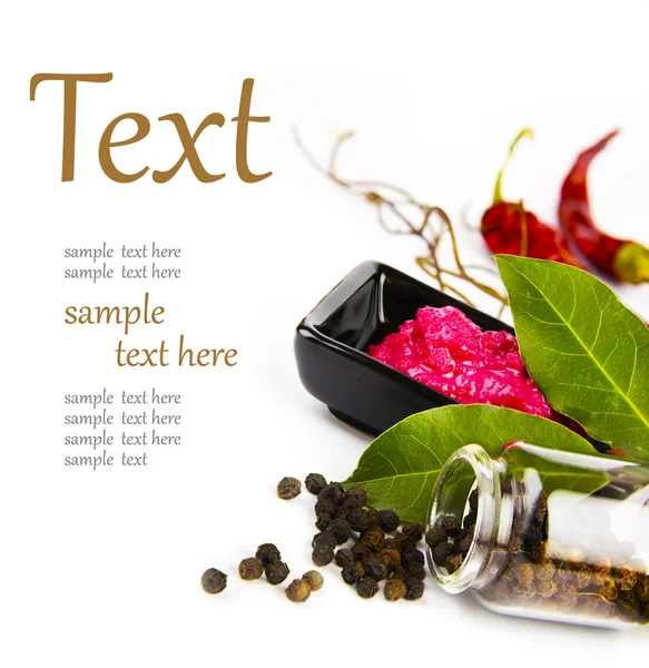 Hot spices (pepper, horseradish, bay leaf) — Stock Photo, Image