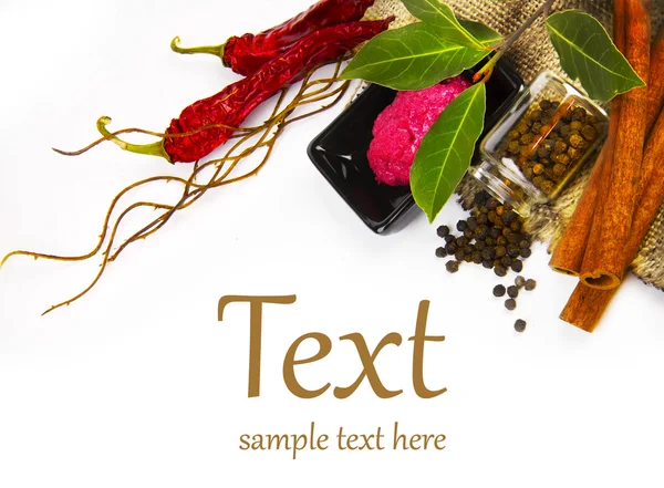 Hot spices (pepper, horseradish, bay leaf) — Stock Photo, Image