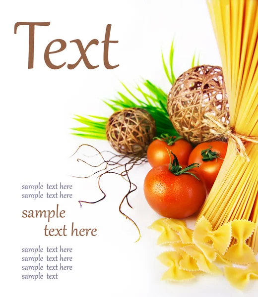 Ingredients of pasta, tomatoes, herbs — Stock Photo, Image