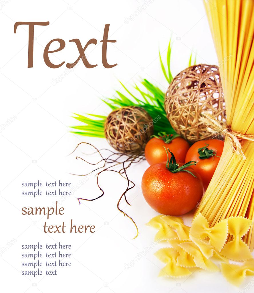 Ingredients of pasta, tomatoes, herbs