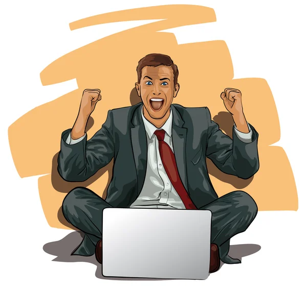 Um homem com um computador no momento do sucesso —  Vetores de Stock